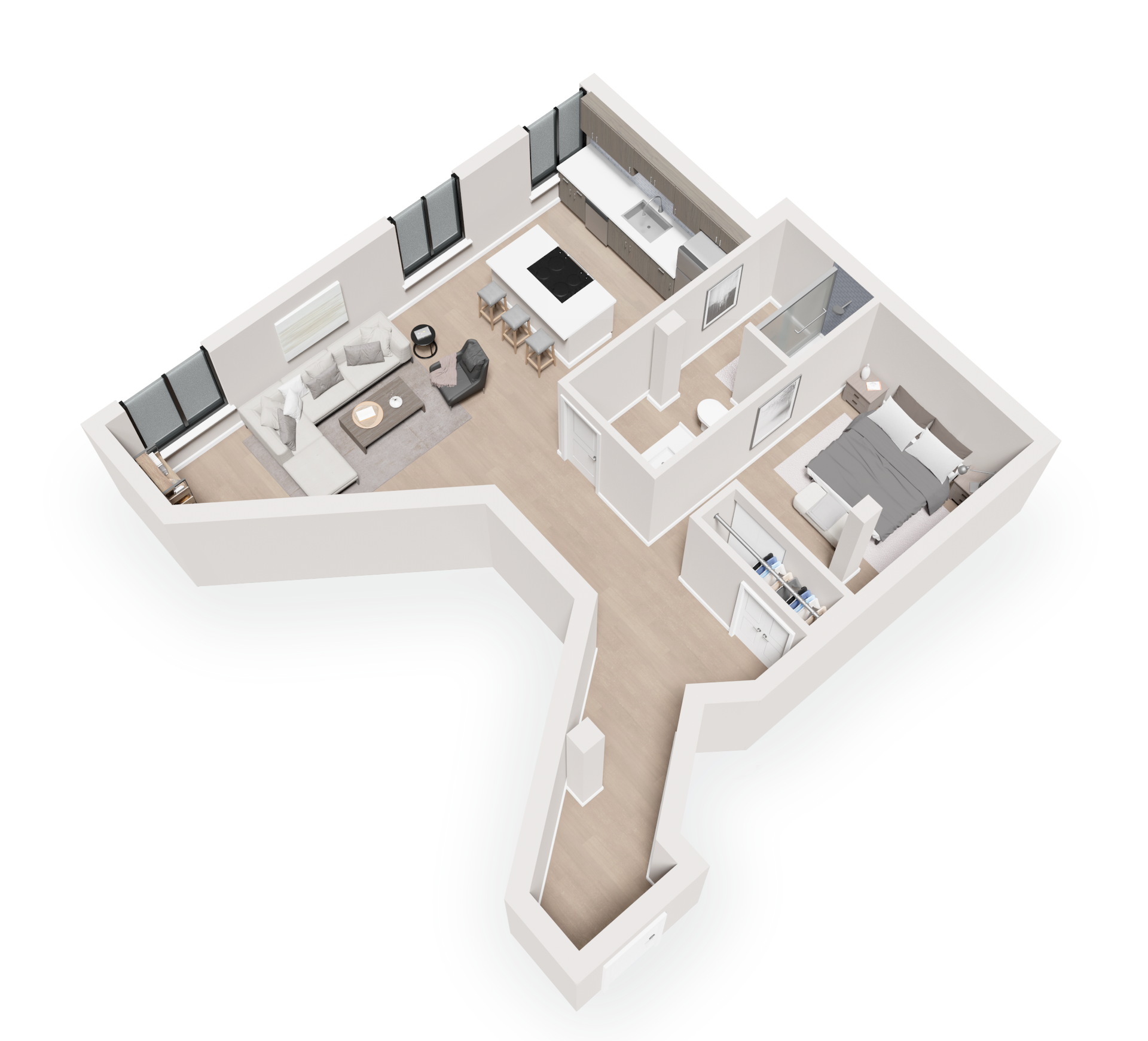 1-bedroom floor plan of a modern apartment with living area, kitchen, bedroom, and bathroom.
