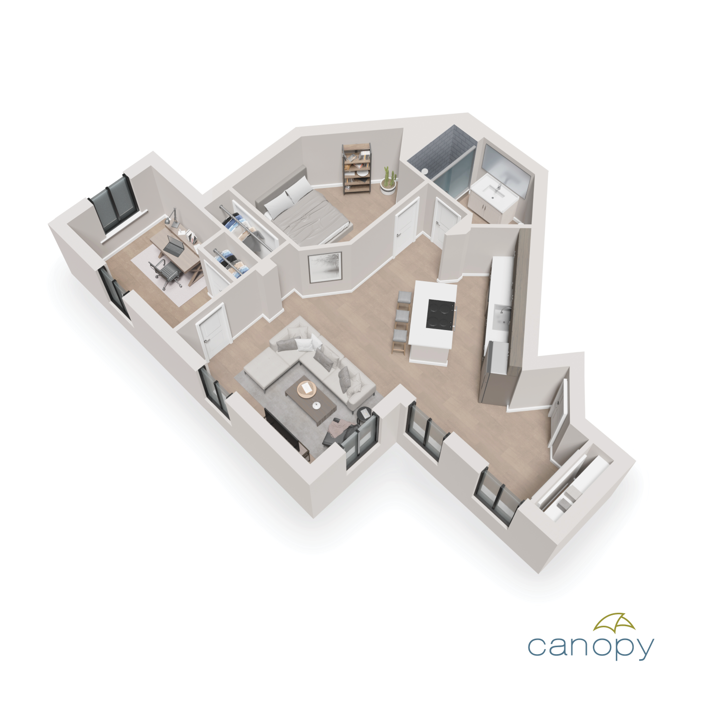 3D apartment floor plan with bedroom, office, kitchen, living room; light wood and neutral tones.