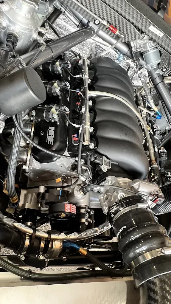 High-performance V8 engine with KRE intake manifold and visible fuel injectors — Chris Bale Automotive in Toronto, NSW