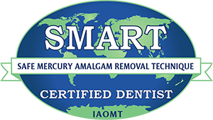 SMART certified dentist logo with safe mercury amalgam removal technique and IAOMT text