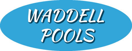 A blue oval logo for waddell pools on a white background.