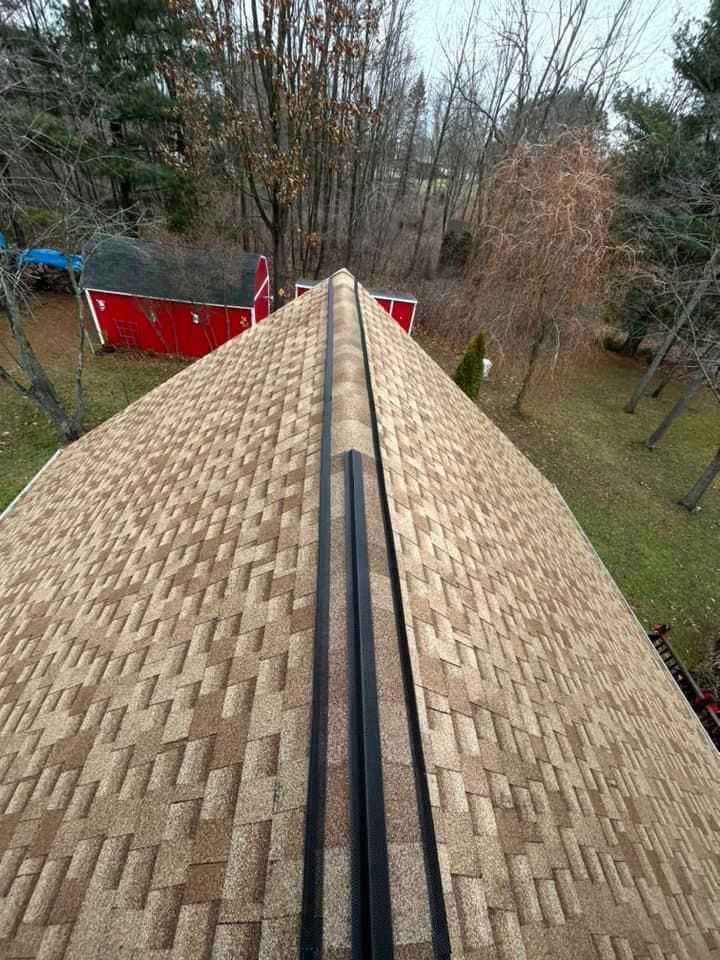 A close up of a roof with a red barn in the background.