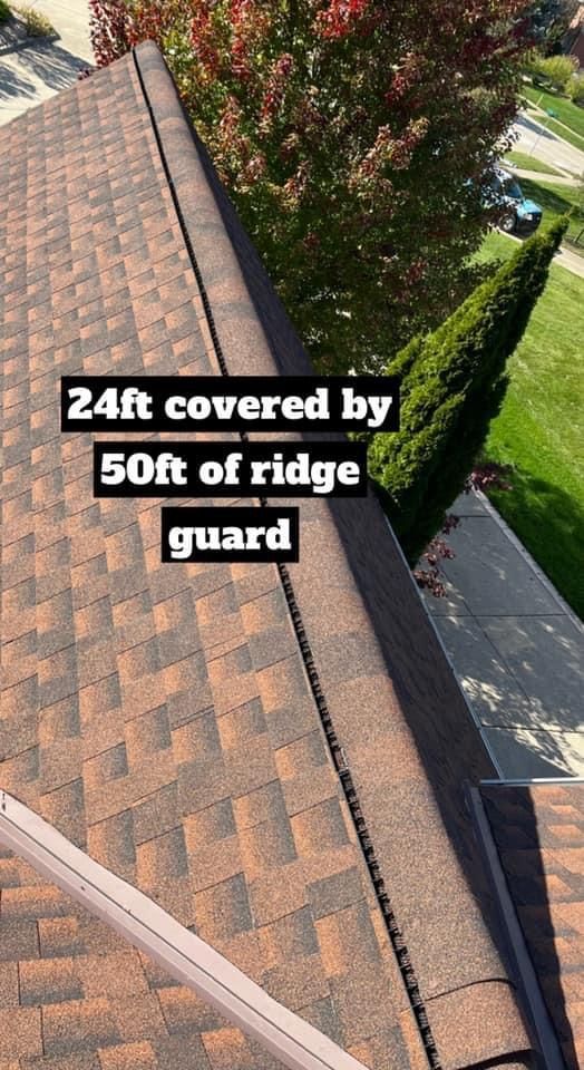 The roof of a house is covered by a ridge guard.