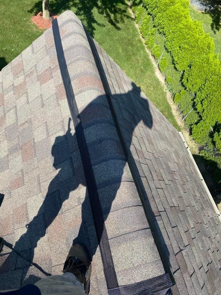A person is standing on top of a roof with their shadow on it.