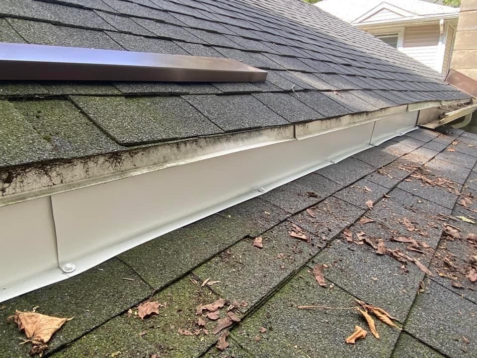 A close up of a roof with a gutter on it.