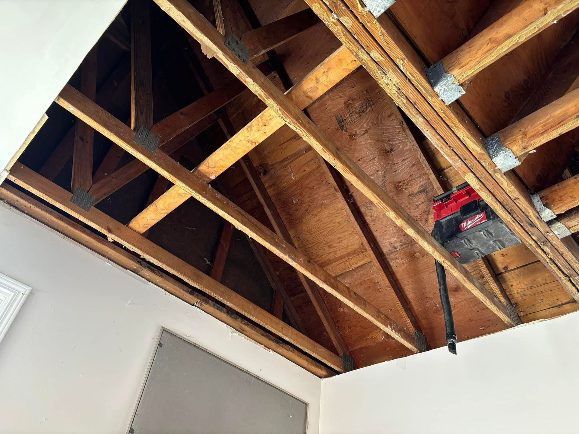 A vacuum cleaner is hanging from the ceiling of a building.