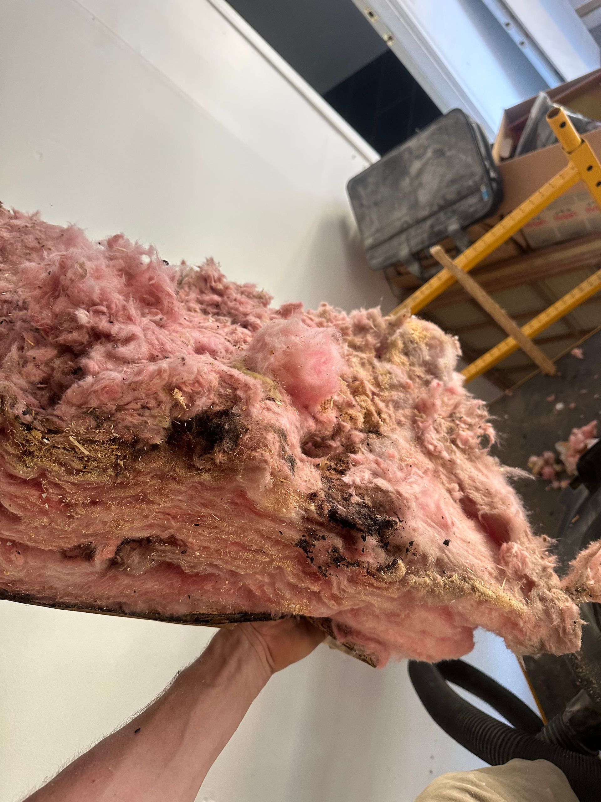 A person is holding a piece of pink insulation in their hand.