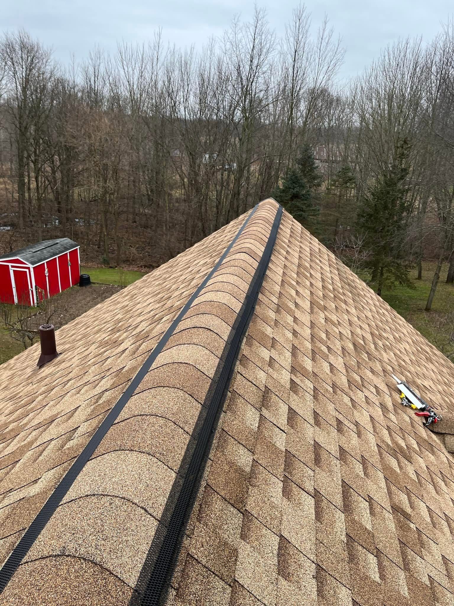 A close up of a roof with a red building in the background.