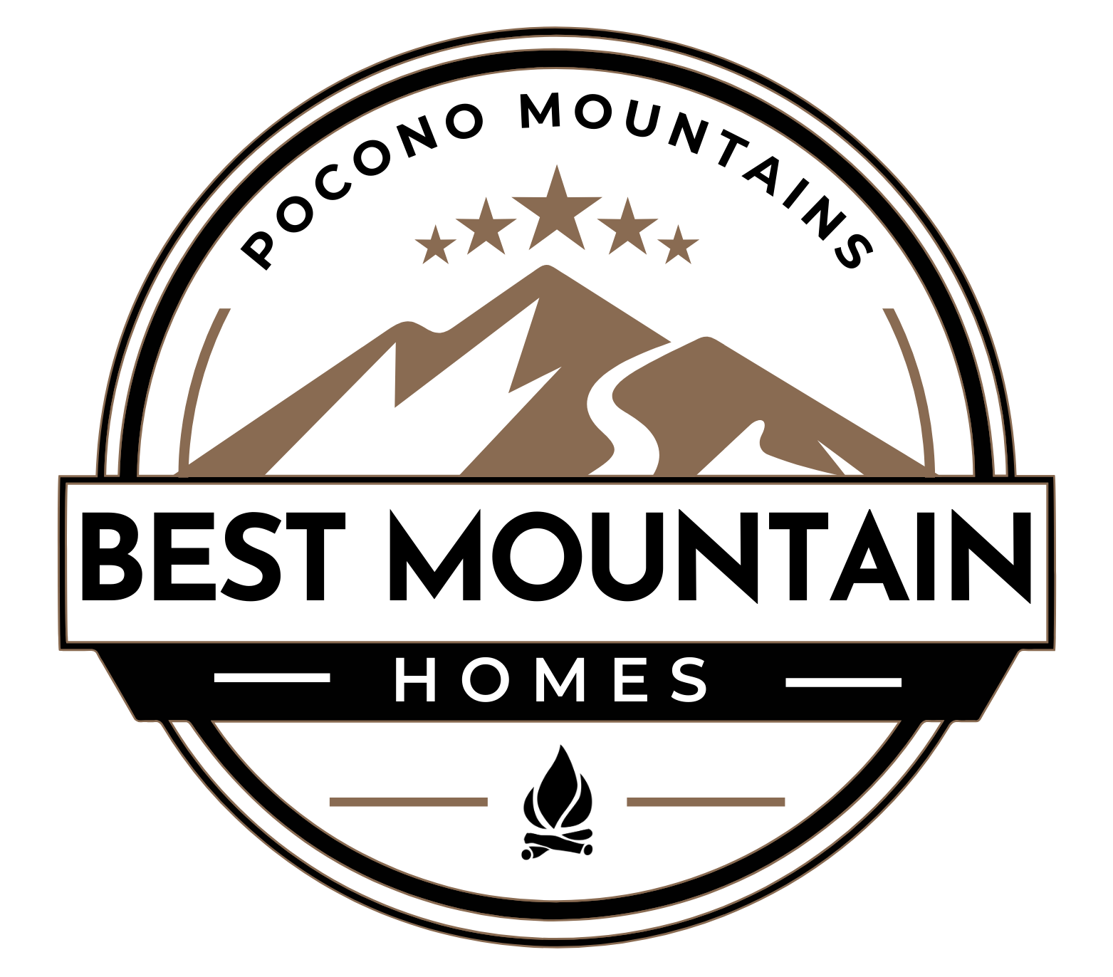 The logo for best mountain homes shows a mountain and a campfire.