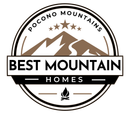 The logo for best mountain homes shows a mountain and a campfire.