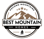 The logo for best mountain homes shows a mountain and a campfire.