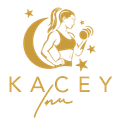 Kacey inu logo in gold: Woman with a dumbbell in a crescent moon, stars, and the name