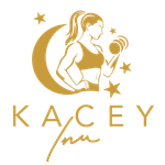 Kacey inu logo in gold: Woman with a dumbbell in a crescent moon, stars, and the name 