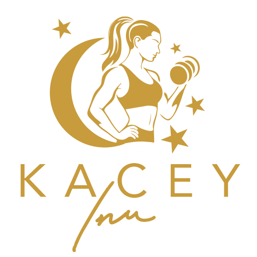 Kacey inu logo in gold: Woman with a dumbbell in a crescent moon, stars, and the name 