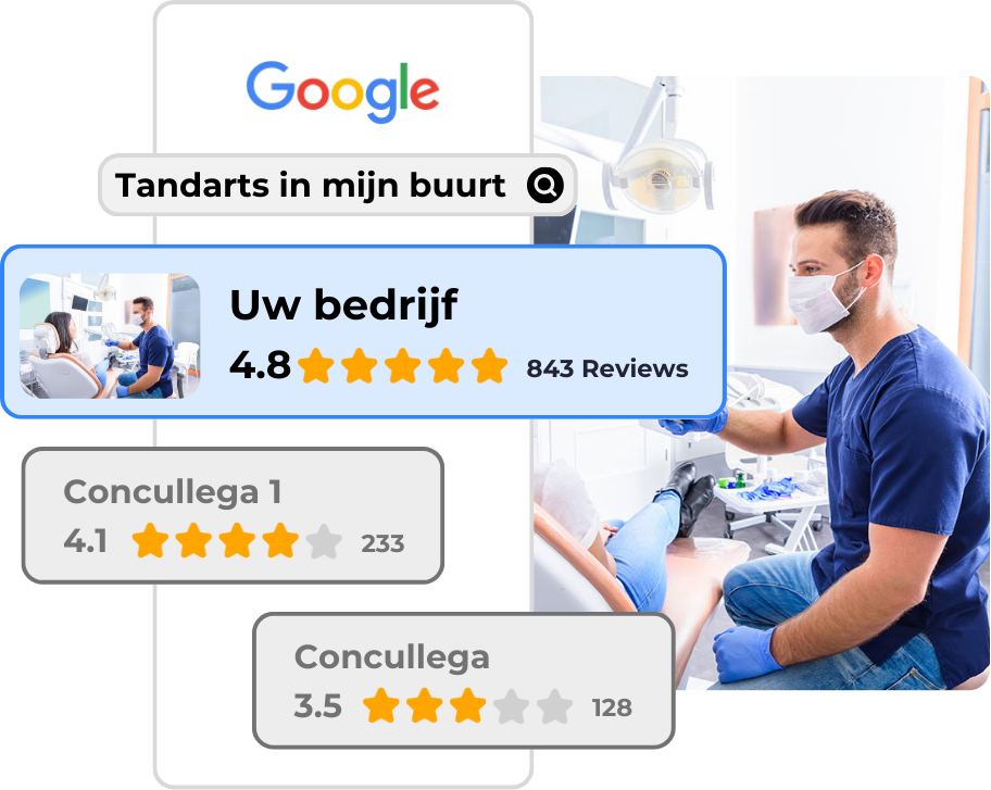 Een man in een tandartspraktijk met een Google-logo op de achtergrond