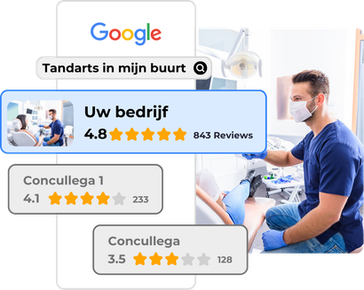 Een man in een tandartspraktijk met een Google-logo op de achtergrond