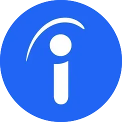 Een blauwe cirkel met een witte letter i erin.