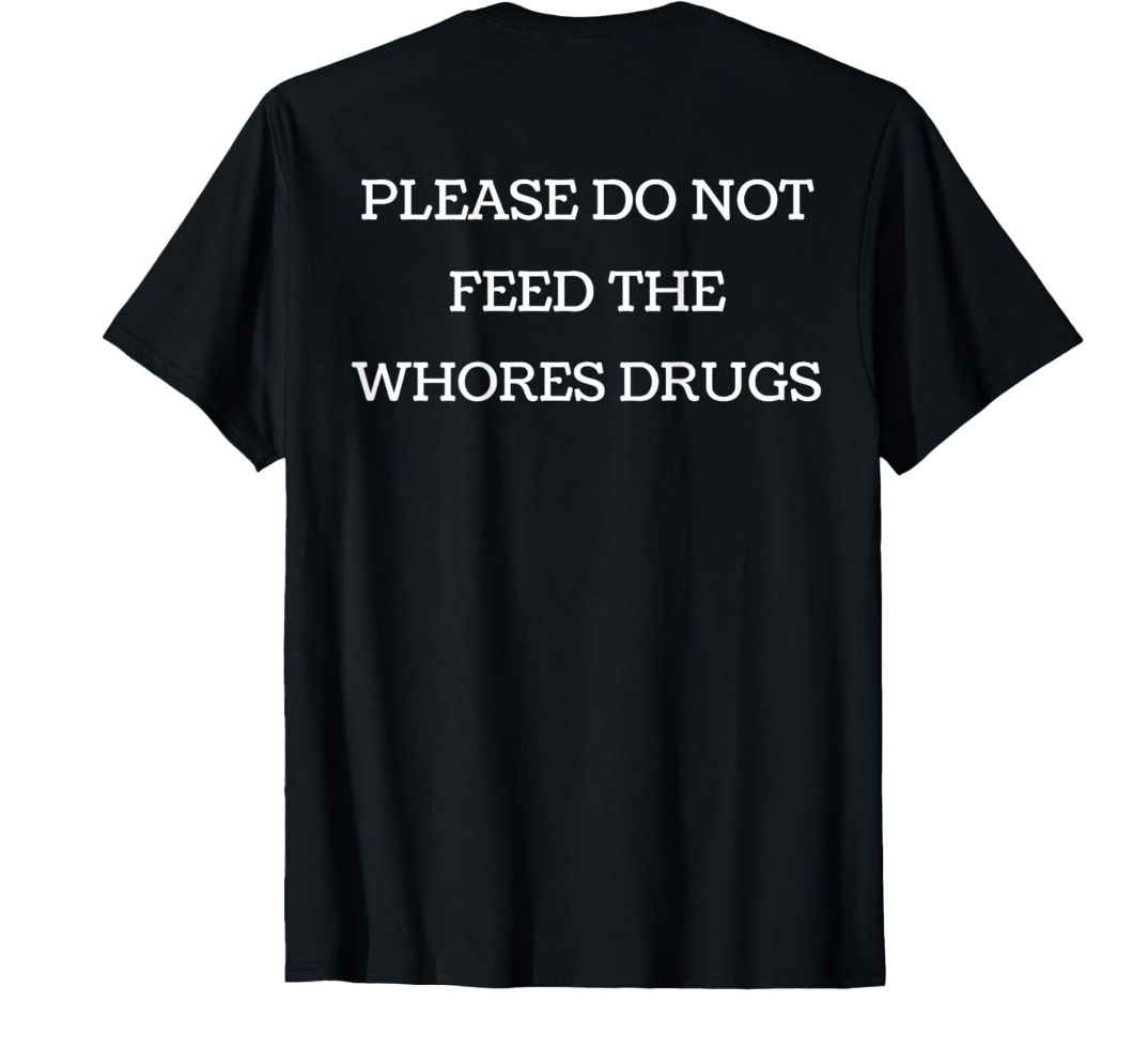 Black t-shirt with white text: 