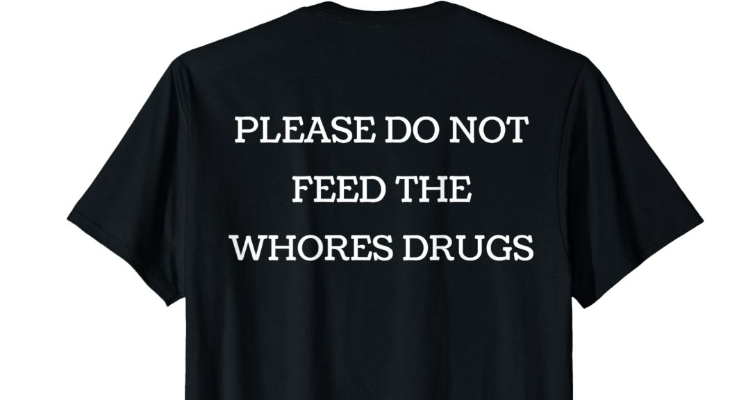 Black t-shirt with white text: 