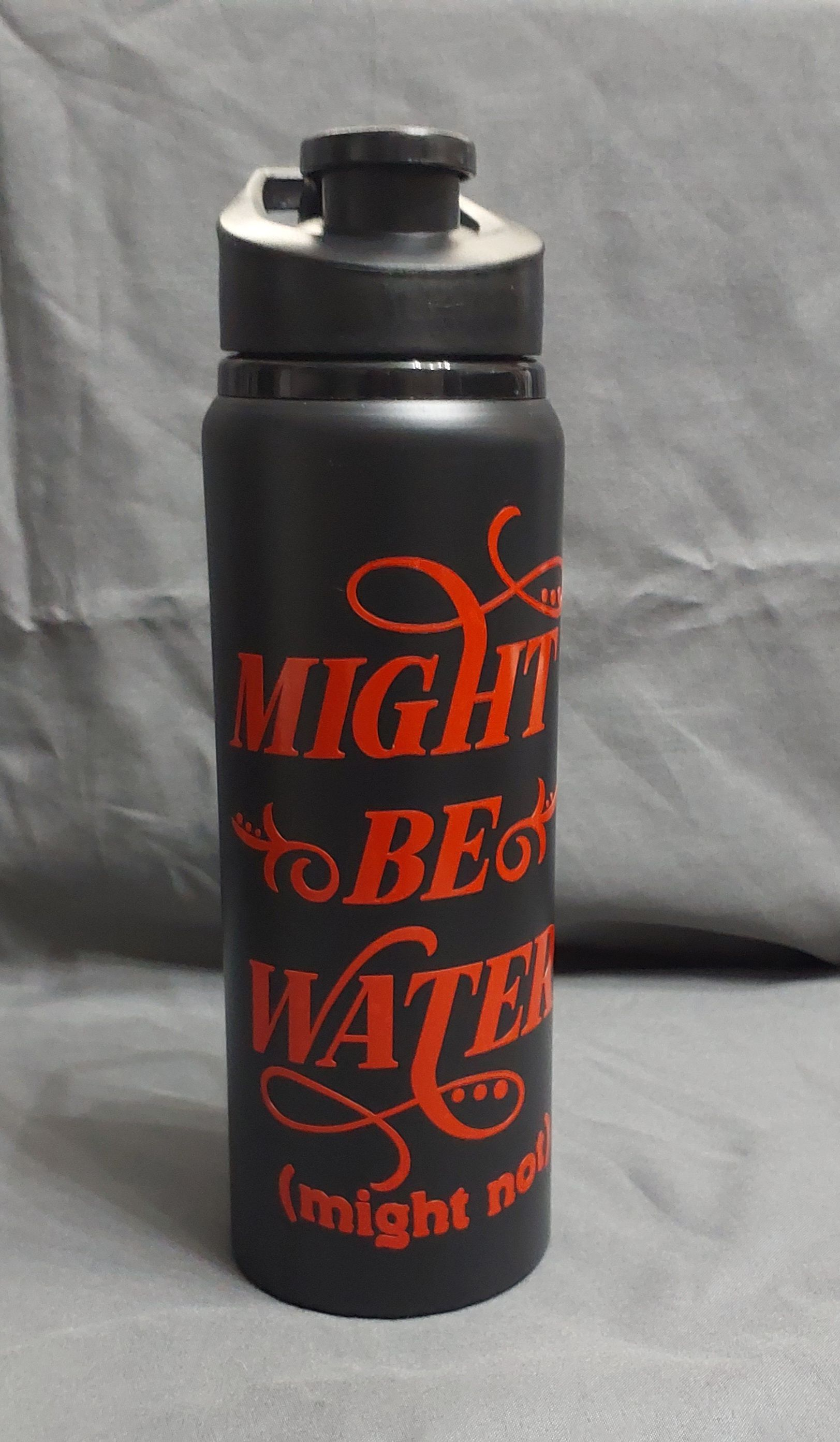Black water bottle with red text: 