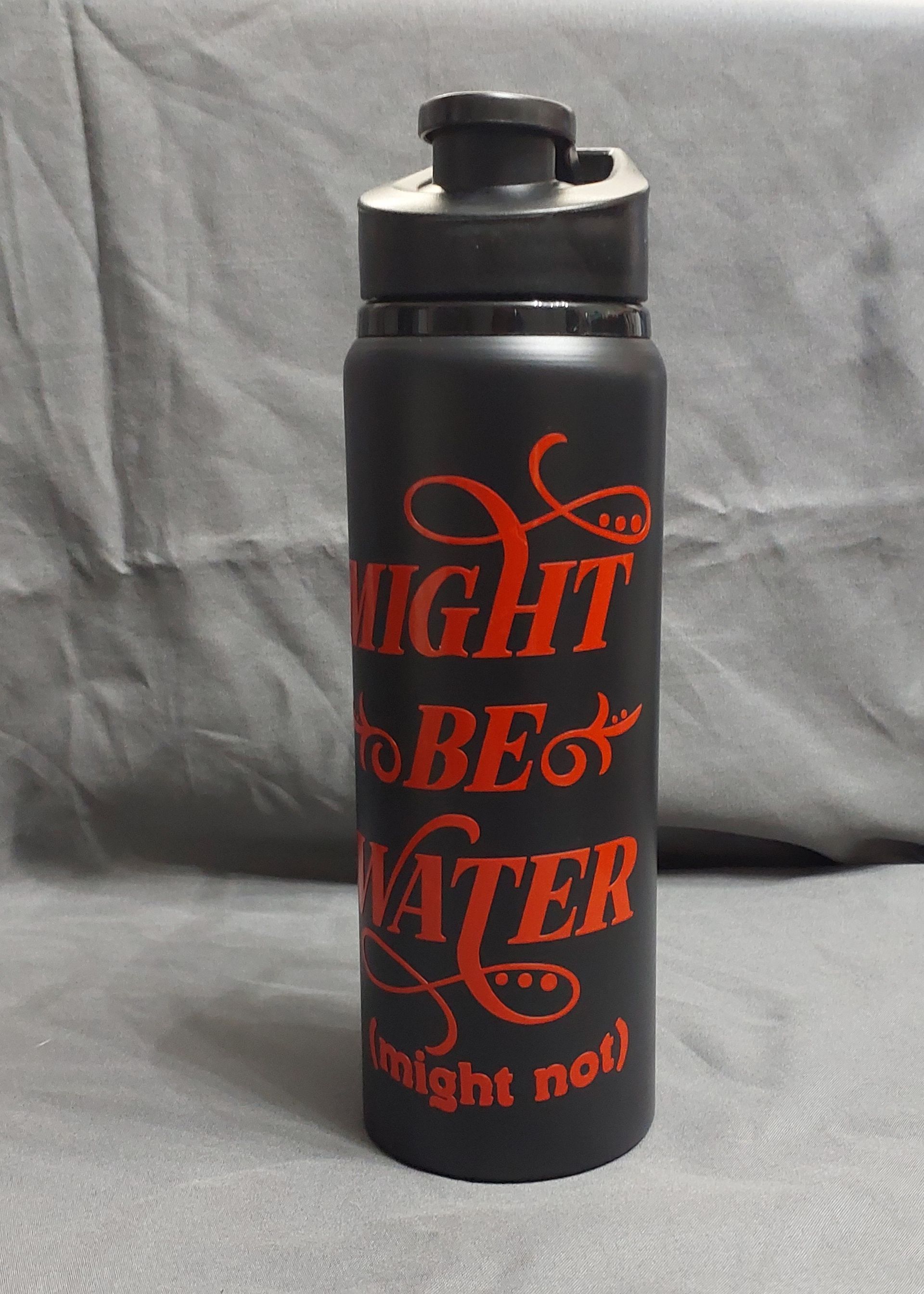 Black water bottle with red text: 