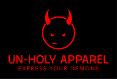 Red devil face logo with horns above the text 