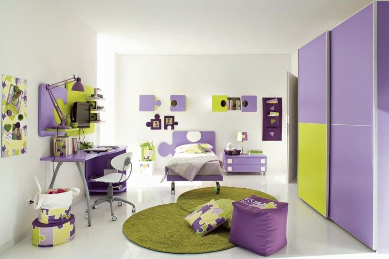 cameretta per bambine con arredi verdi e lilla