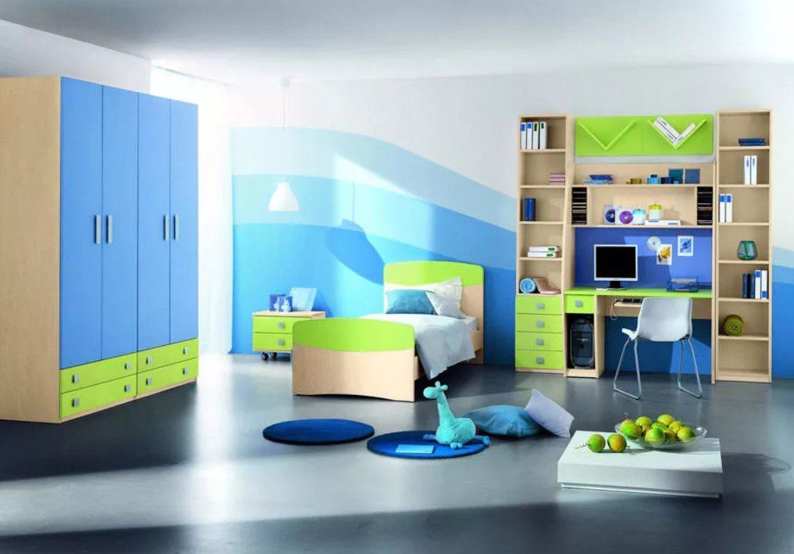 cameretta per bambino con arredi azzurri e verdi