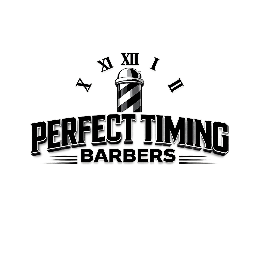 Logo for "Perfect Timing Barbers" featuring a barber pole, clock, and text.