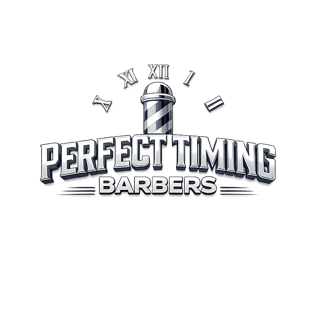 Logo for "Perfect Timing Barbers" with a barber pole and clock elements, in silver against white.