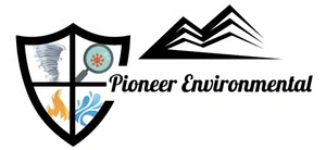 Hexagon logo with mountains, trees, and campfire in orange and blue. Company name is white.