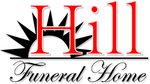 Logo for Hill Funeral Home, with red text and a black sunburst design.