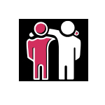 Two stylized figures, one pink and one white, standing side by side on a black background