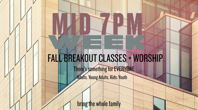 Fall breakout classes worship poster on a modern building background, purple and black text, 7 PM