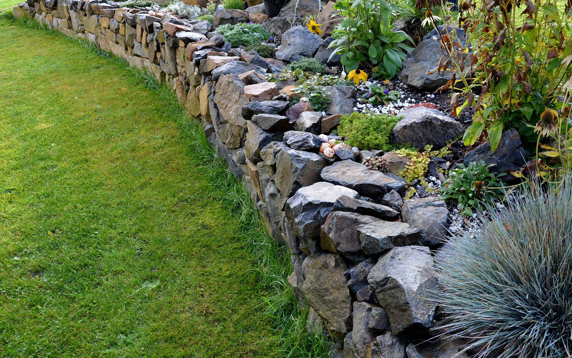 Stone retaining wall with grass and garden.
