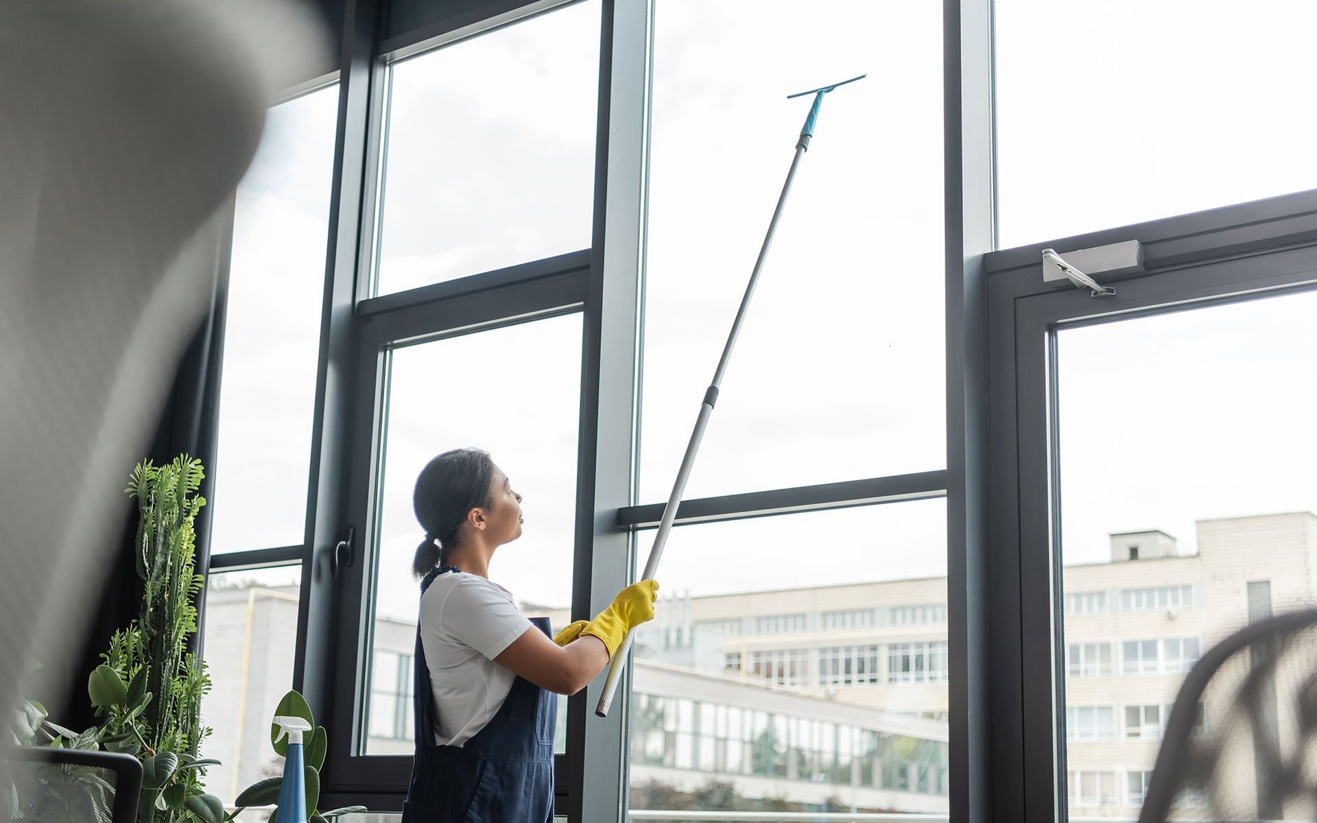 Woman in overalls and gloves cleaning a tall window with a long-handled squeegee; city buildings visible outside.
