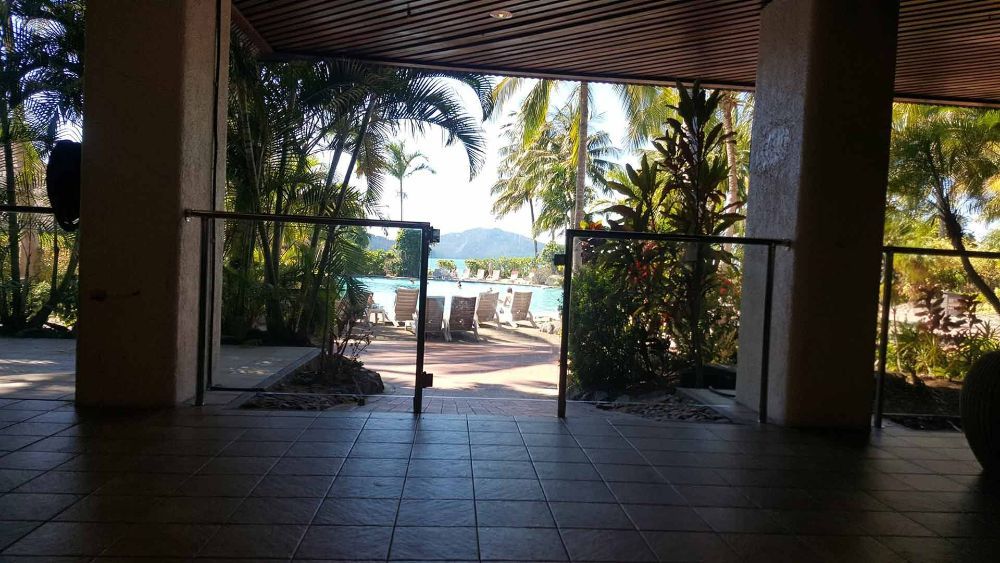 An Empty Room with A View of A Beach and Palm Trees — North Queensland Glass & Glazing In Hamilton Island, QLD