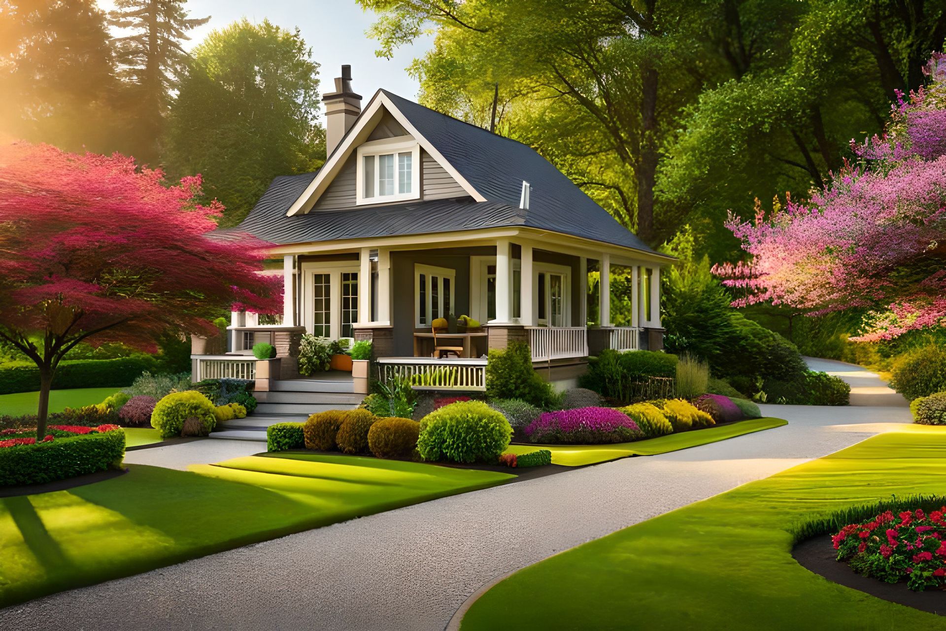 A house surrounded by trees and flowers with a driveway leading to it.