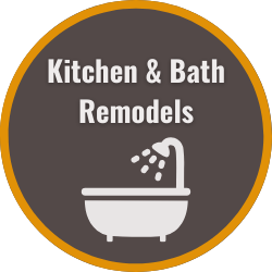 an orange and gray button that says kitchen & bath remodels