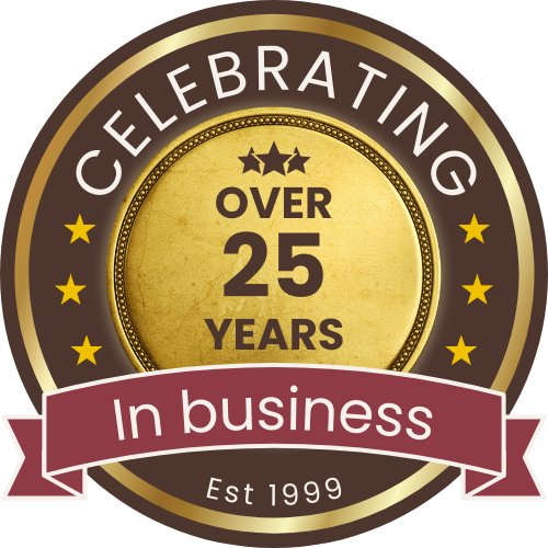 A seal that says celebrating over 25 years in business