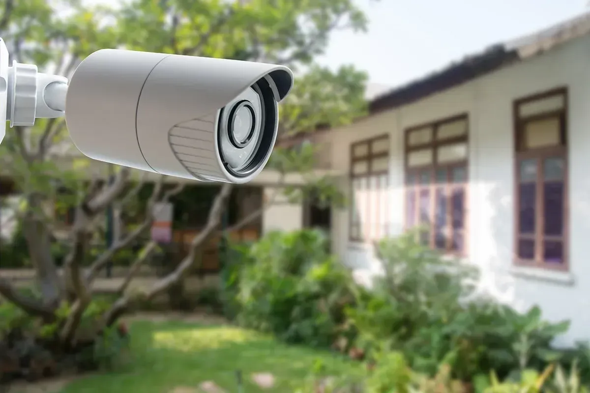 A Security Camera Is Hanging from A Pole in Front of A House — Earthmoving Rentals Pty Ltd in Yatala