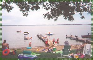 A group of people are playing in the water on a beach.