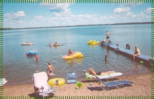 A group of people are swimming in a lake.
