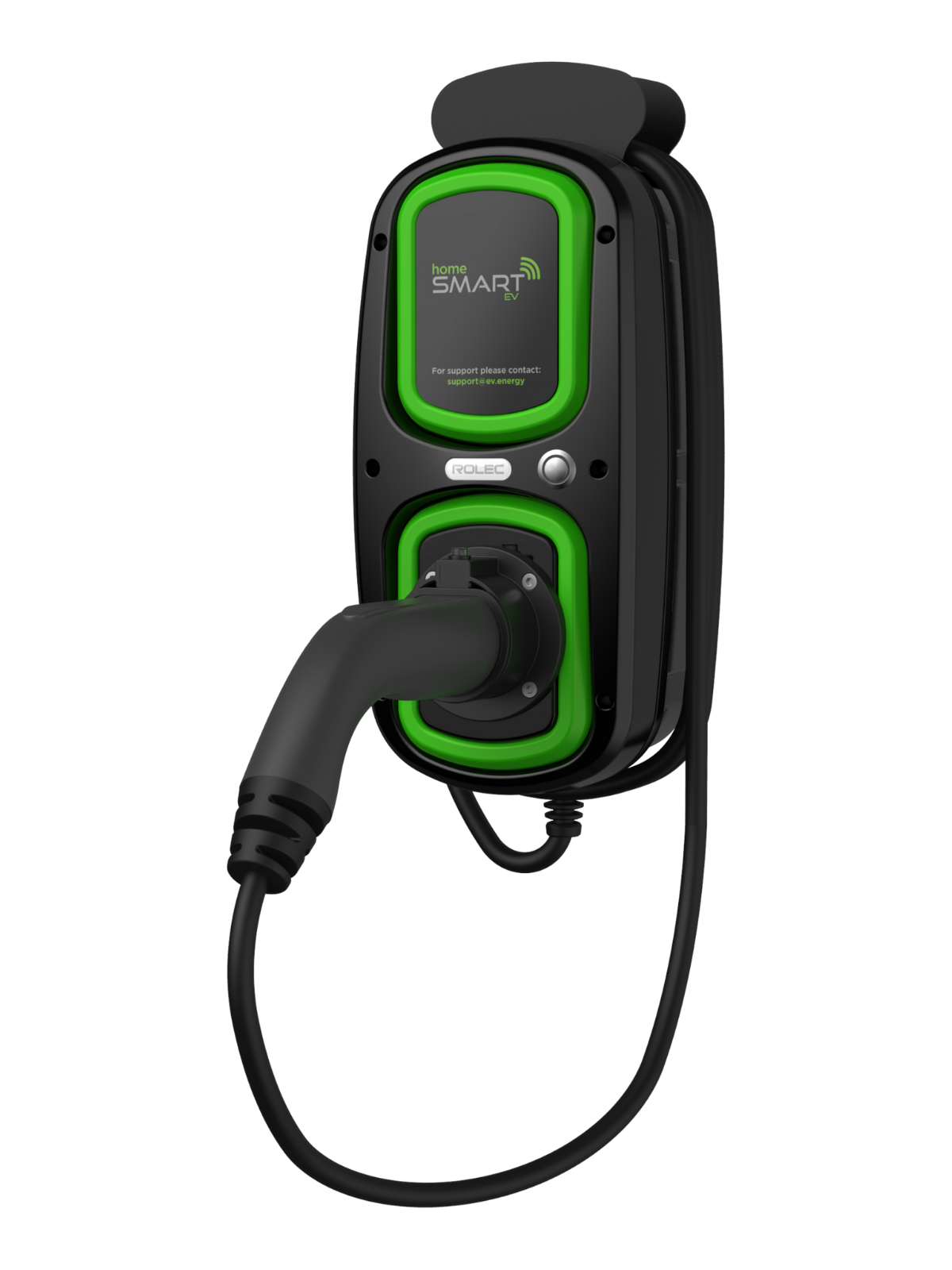 A black device with a green circle on it that says `` ev charge point ''.