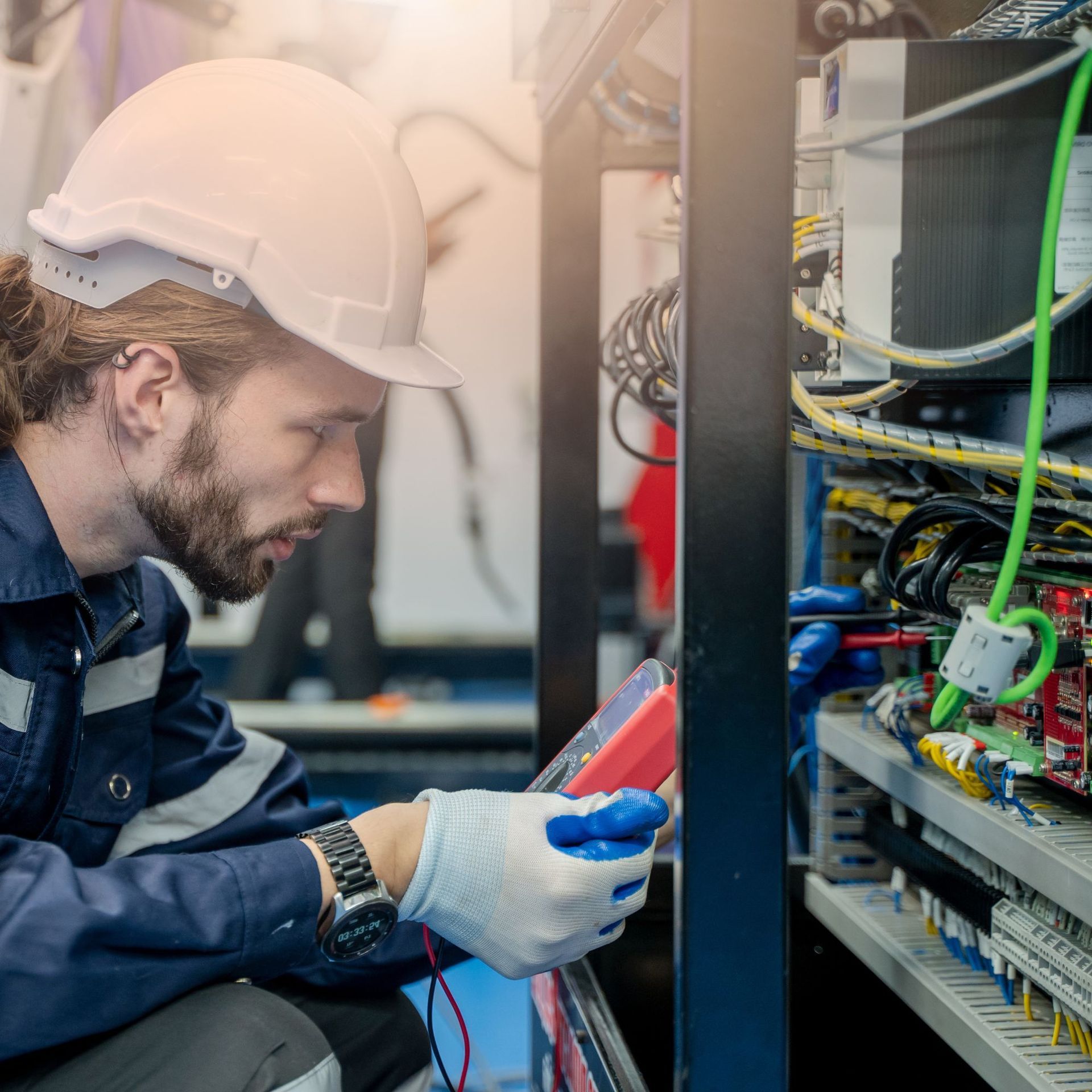 Freedom Electric Construction - A man wearing a hard hat is working on a computer.
