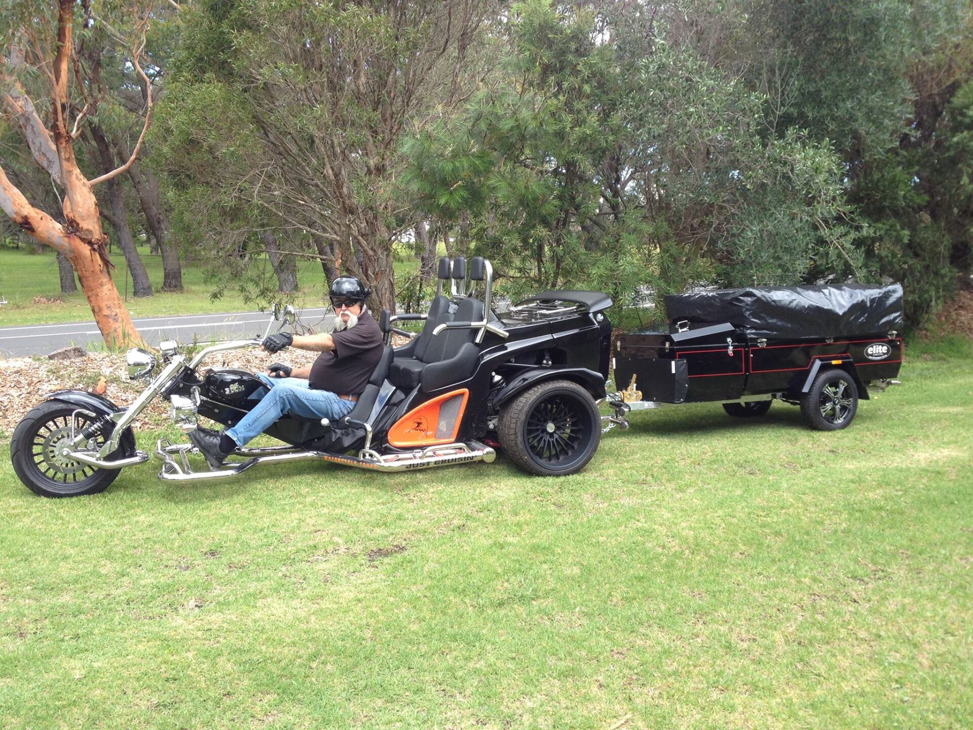 Elite Camper Trailer attached to a trike