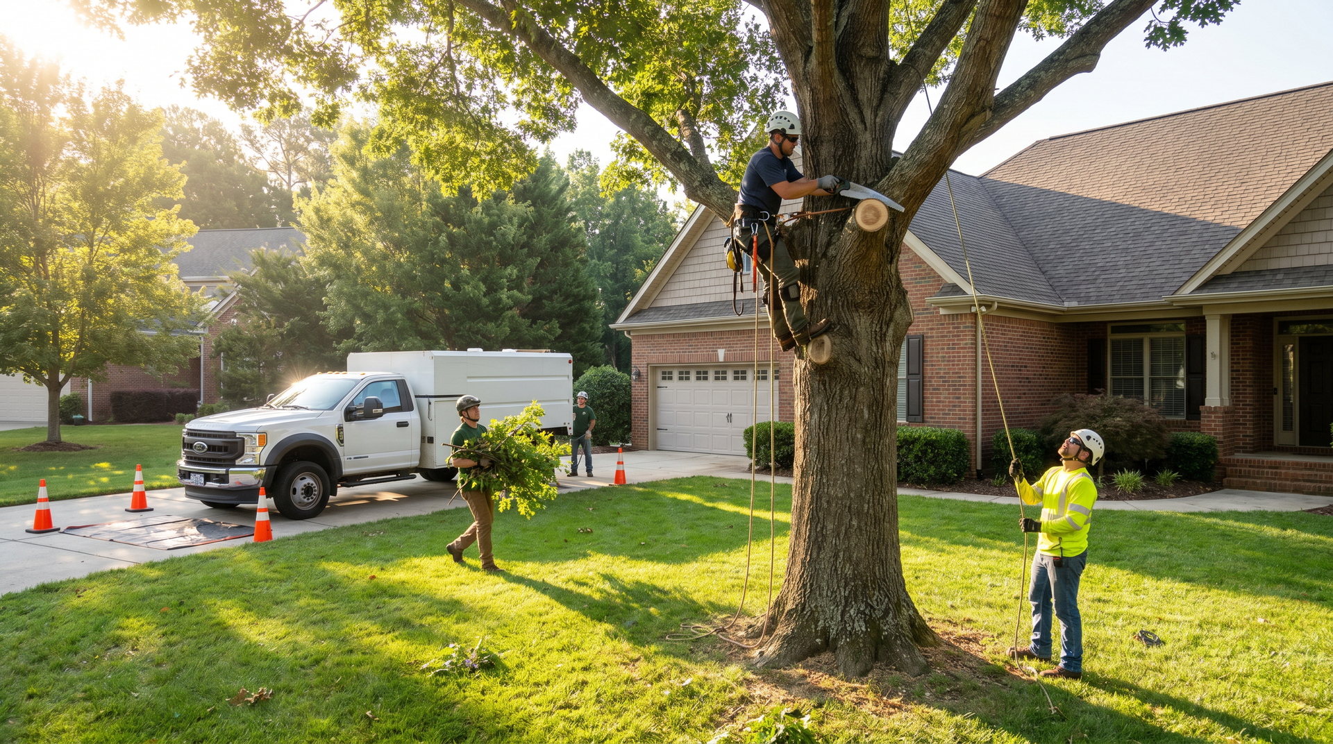 Tree service crew working at a residential property
