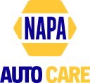 NAPA Auto Care logo with blue text on yellow hexagon and blue 
