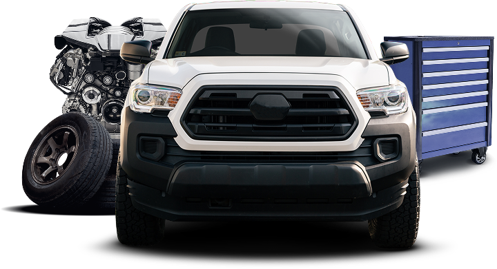White truck with engine, tire, and toolbox, for auto repair. | A+ Brakes & Suspension