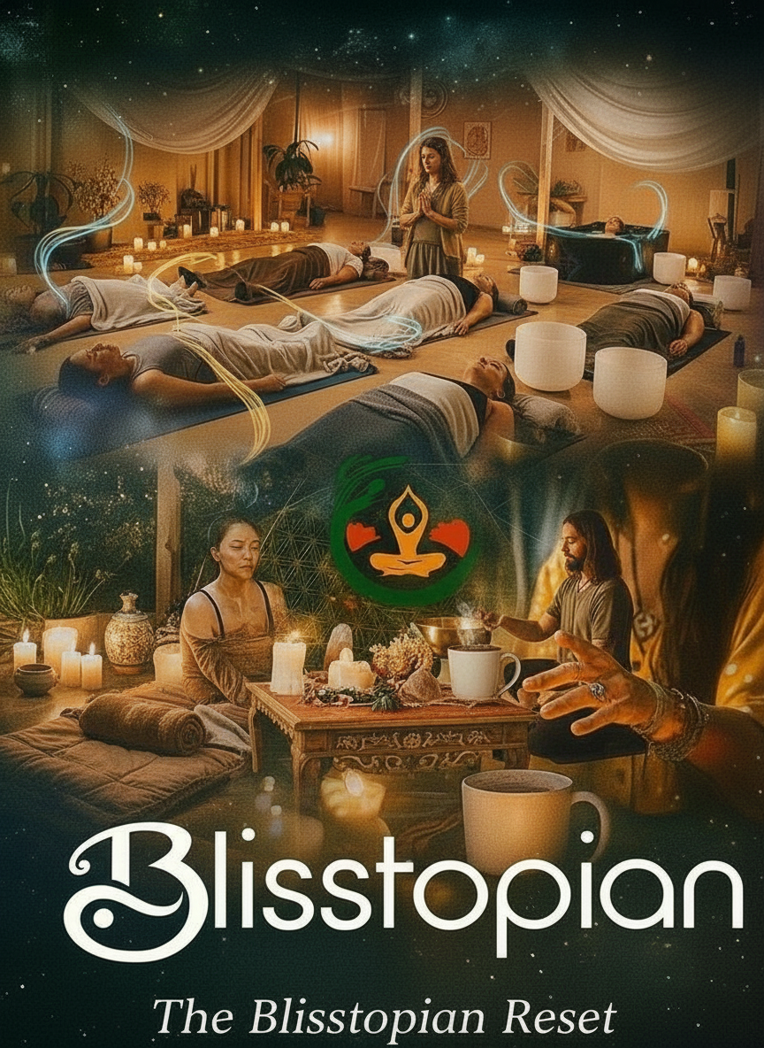 People in a community group ceremony with candles, & sound bath instruments. 